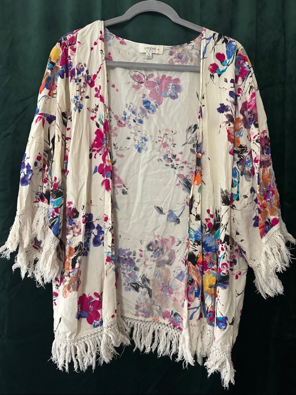 Umgee Cream Floral Fringe Kimono Jacket with Pink Purple Blue Orange Accents